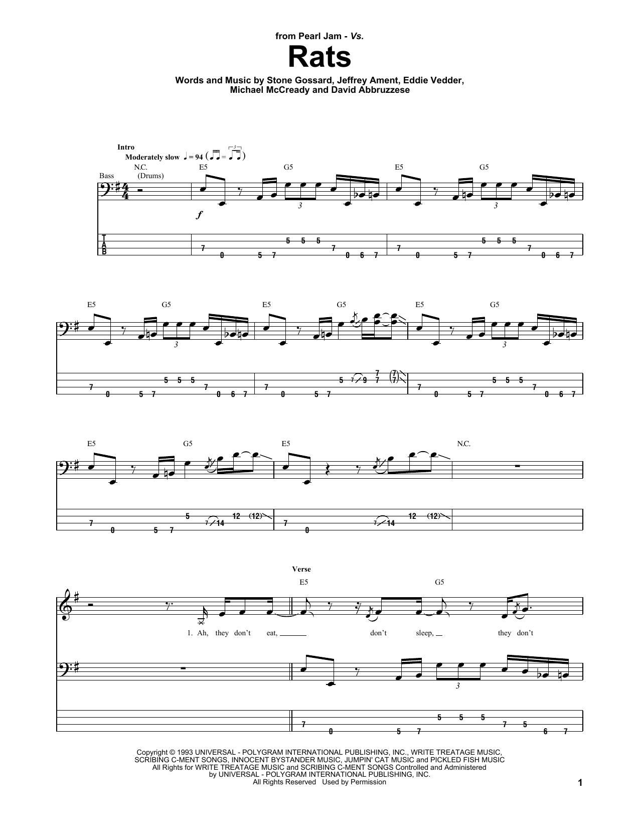 Download Pearl Jam Rats Sheet Music and learn how to play Bass Guitar Tab PDF digital score in minutes