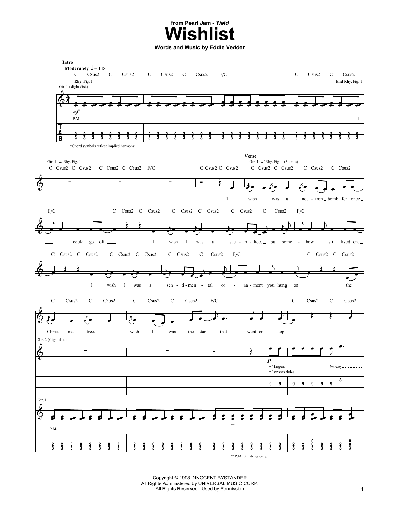 Download Pearl Jam Wishlist Sheet Music and learn how to play Guitar Tab PDF digital score in minutes