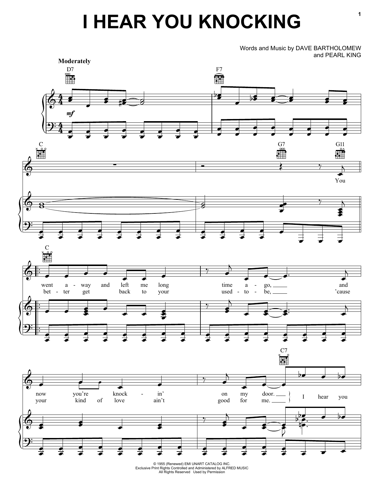 Download Dave Bartholomew I Hear You Knocking Sheet Music and learn how to play Piano, Vocal & Guitar (Right-Hand Melody) PDF digital score in minutes