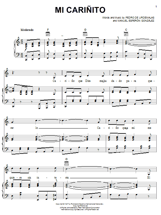 Download Pedro Fernandez Mi Carinito Sheet Music and learn how to play Piano, Vocal & Guitar (Right-Hand Melody) PDF digital score in minutes