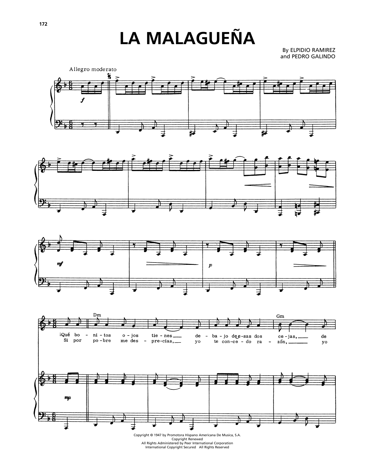 Download Pedro Galindo La Malaguena Sheet Music and learn how to play Piano, Vocal & Guitar Chords (Right-Hand Melody) PDF digital score in minutes