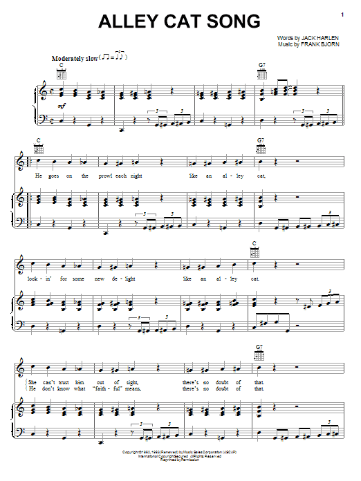 Download Peggy Lee Alley Cat Song Sheet Music and learn how to play Piano, Vocal & Guitar (Right-Hand Melody) PDF digital score in minutes