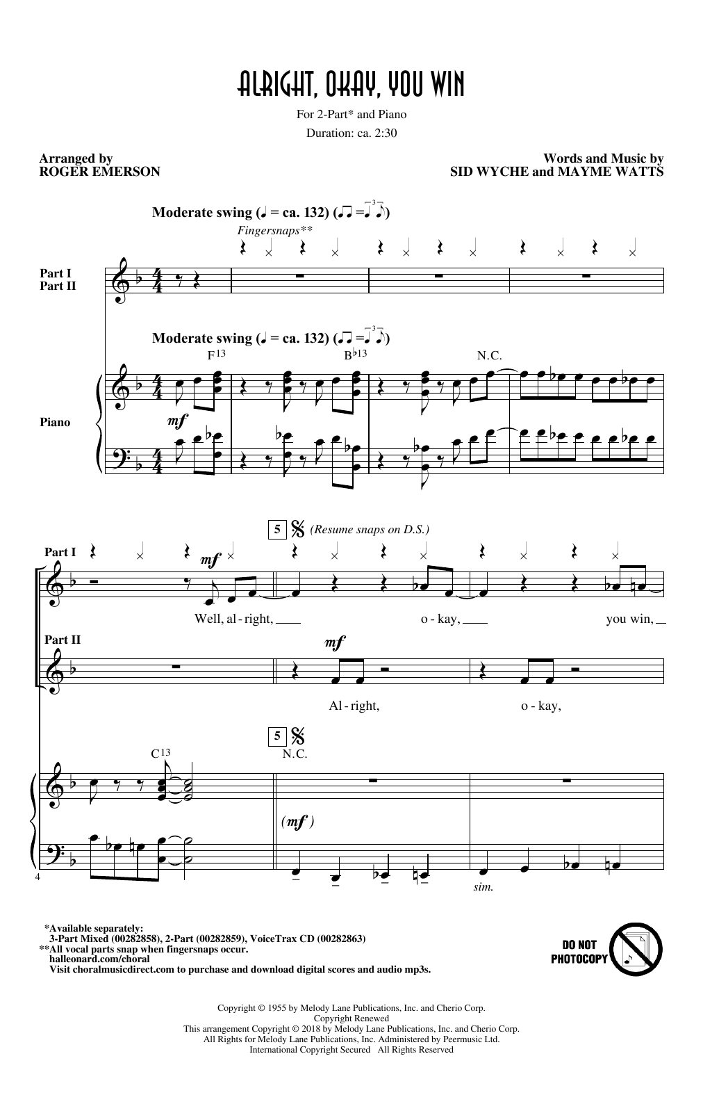 Download Peggy Lee Alright, Okay, You Win (arr. Roger Emerson) Sheet Music and learn how to play 2-Part Choir PDF digital score in minutes