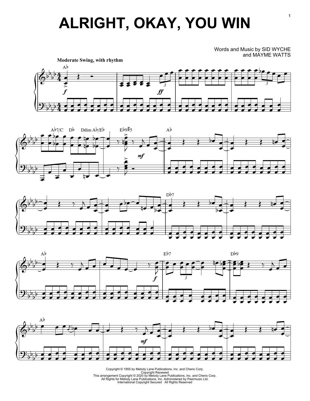 Download Peggy Lee Alright, Okay, You Win [Jazz version] (arr. Brent Edstrom) Sheet Music and learn how to play Piano Solo PDF digital score in minutes