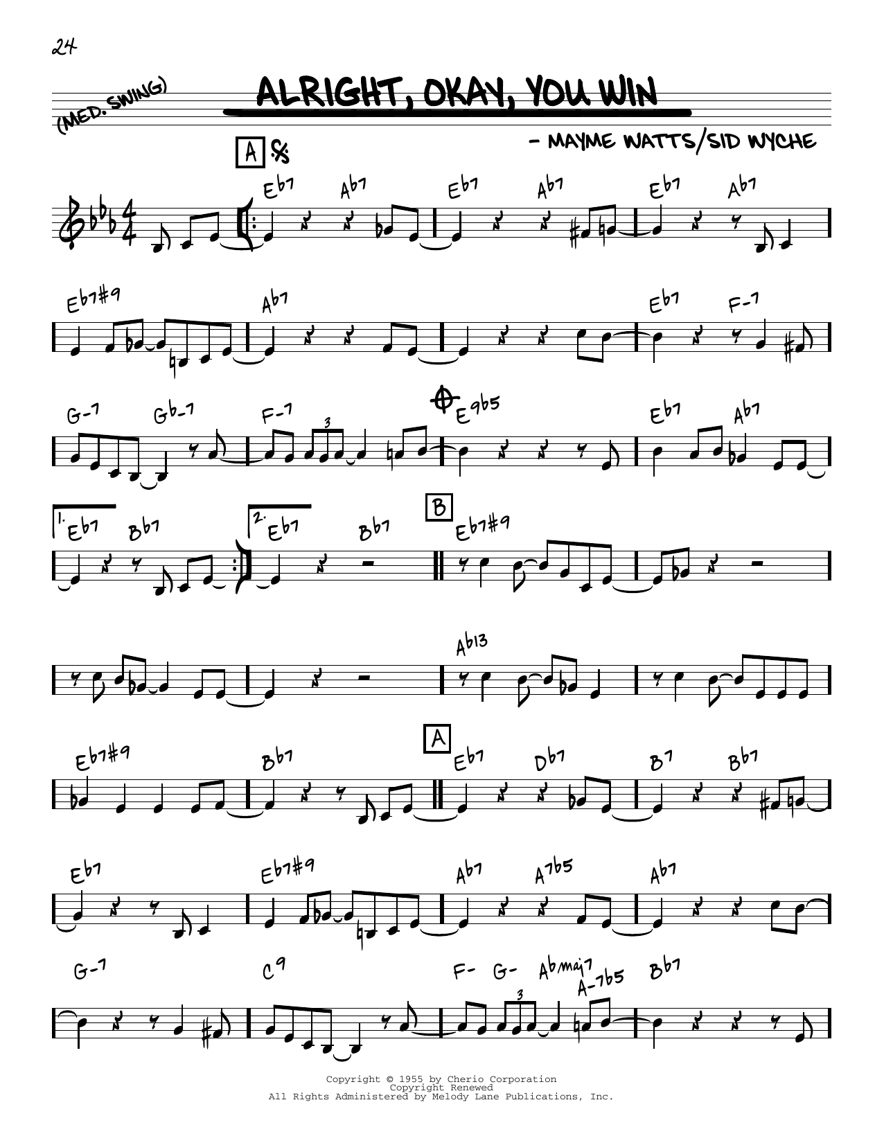 Download Peggy Lee Alright, Okay, You Win [Reharmonized version] (arr. Jack Grassel) Sheet Music and learn how to play Real Book – Melody & Chords PDF digital score in minutes