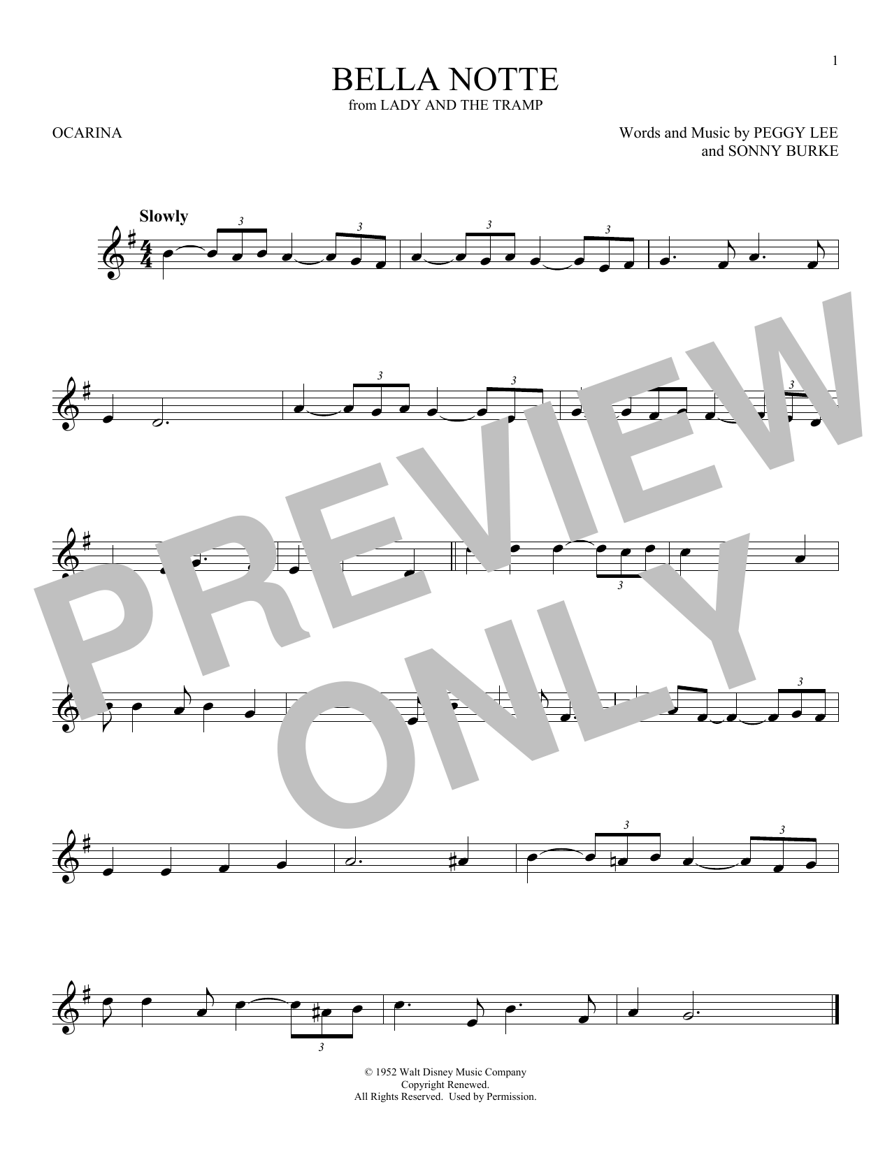 Download Peggy Lee Bella Notte (from Lady And The Tramp) Sheet Music and learn how to play Ocarina PDF digital score in minutes