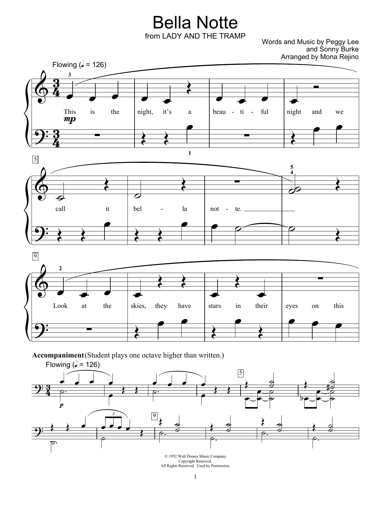 Download Peggy Lee & Sonny Burke Bella Notte (from Lady And The Tramp) (arr. Mona Rejino) Sheet Music and learn how to play Educational Piano PDF digital score in minutes