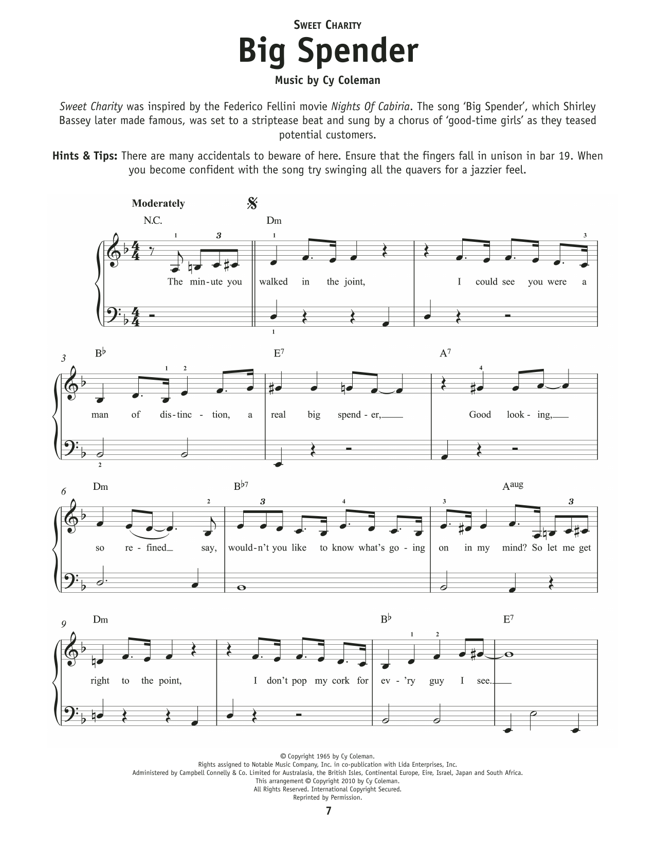 Download Peggy Lee Big Spender (from Sweet Charity) Sheet Music and learn how to play Really Easy Piano PDF digital score in minutes