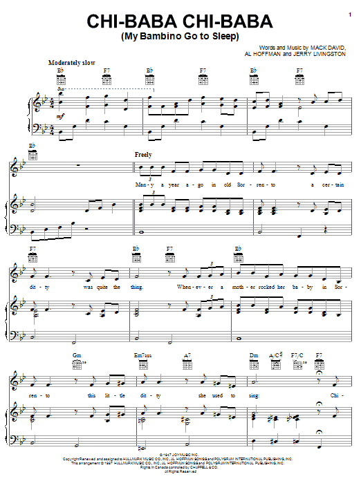 Download Peggy Lee Chi-Baba Chi-Baba (My Bambino Go To Sleep) Sheet Music and learn how to play Piano, Vocal & Guitar (Right-Hand Melody) PDF digital score in minutes