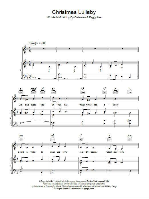 Download Peggy Lee Christmas Lullaby Sheet Music and learn how to play Piano, Vocal & Guitar (Right-Hand Melody) PDF digital score in minutes