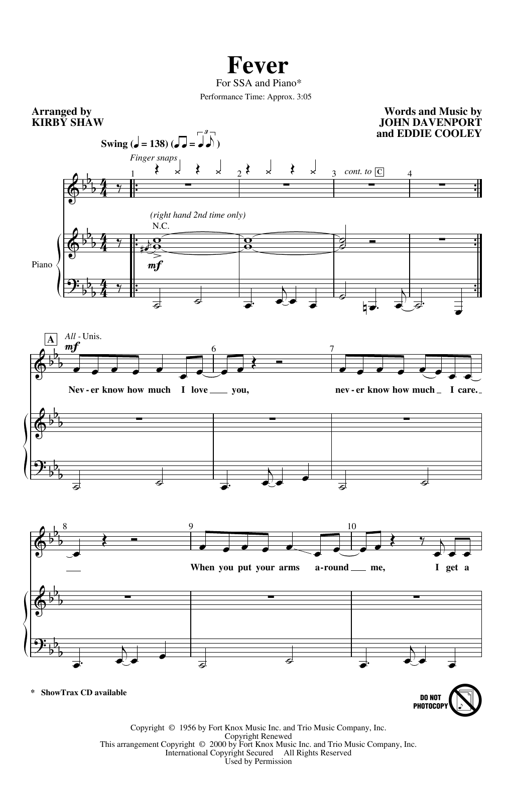 Download Peggy Lee Fever (arr. Kirby Shaw) Sheet Music and learn how to play SSA Choir PDF digital score in minutes