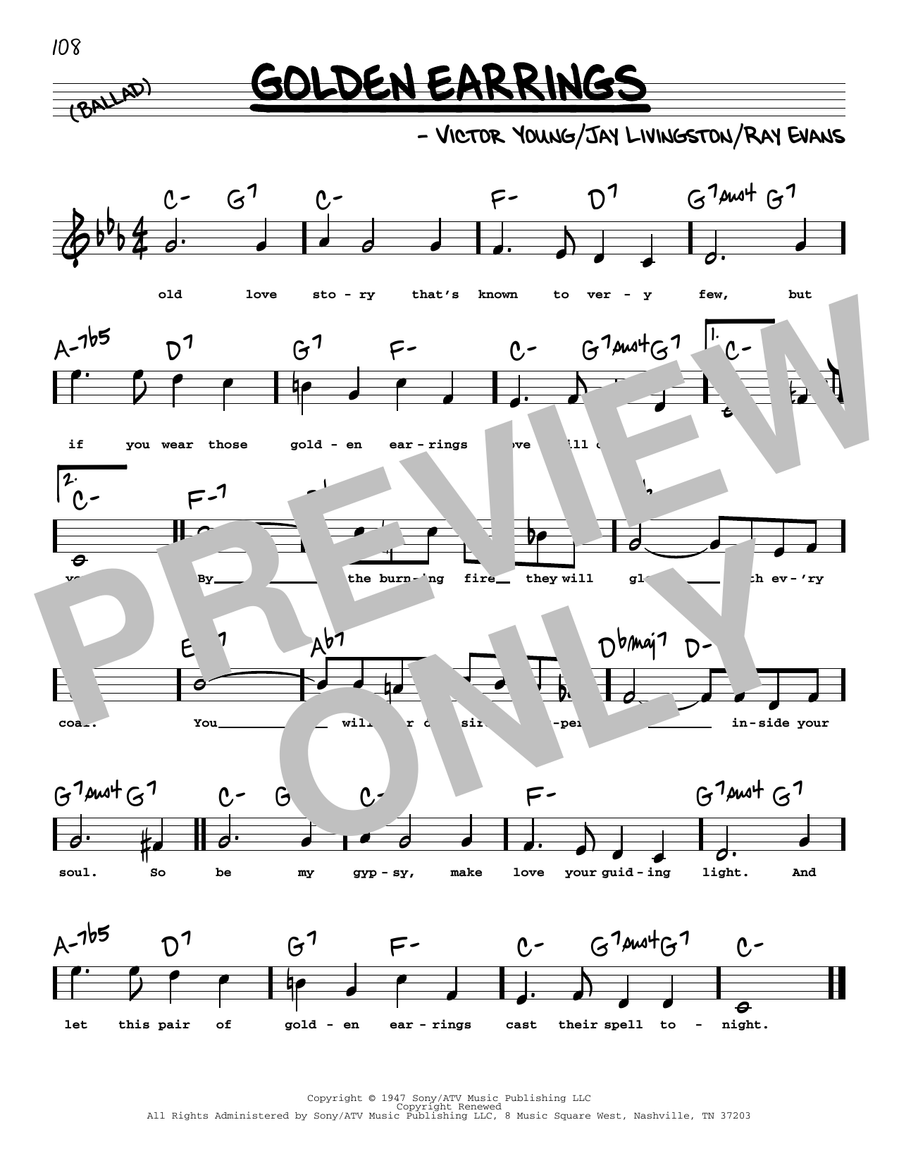 Download Peggy Lee Golden Earrings (High Voice) Sheet Music and learn how to play Real Book – Melody, Lyrics & Chords PDF digital score in minutes