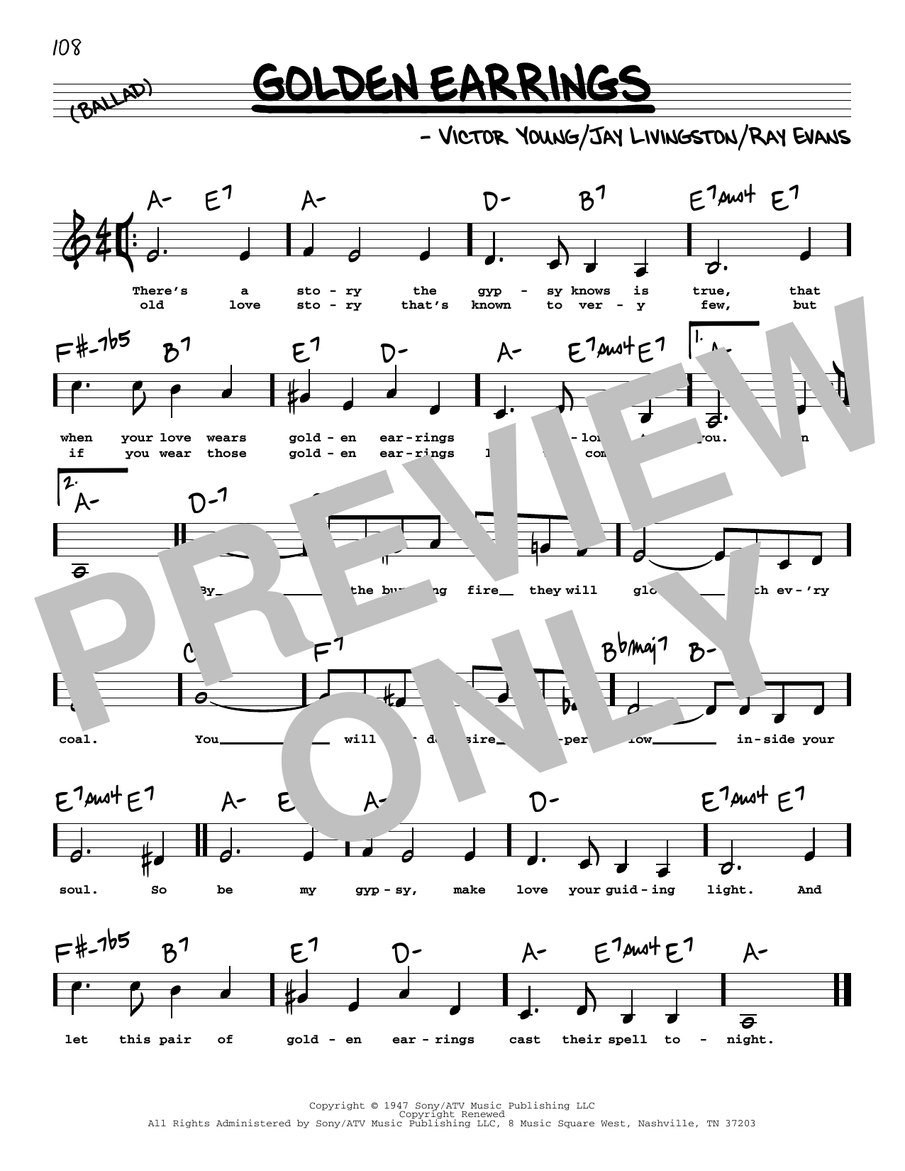 Download Peggy Lee Golden Earrings (Low Voice) Sheet Music and learn how to play Real Book – Melody, Lyrics & Chords PDF digital score in minutes