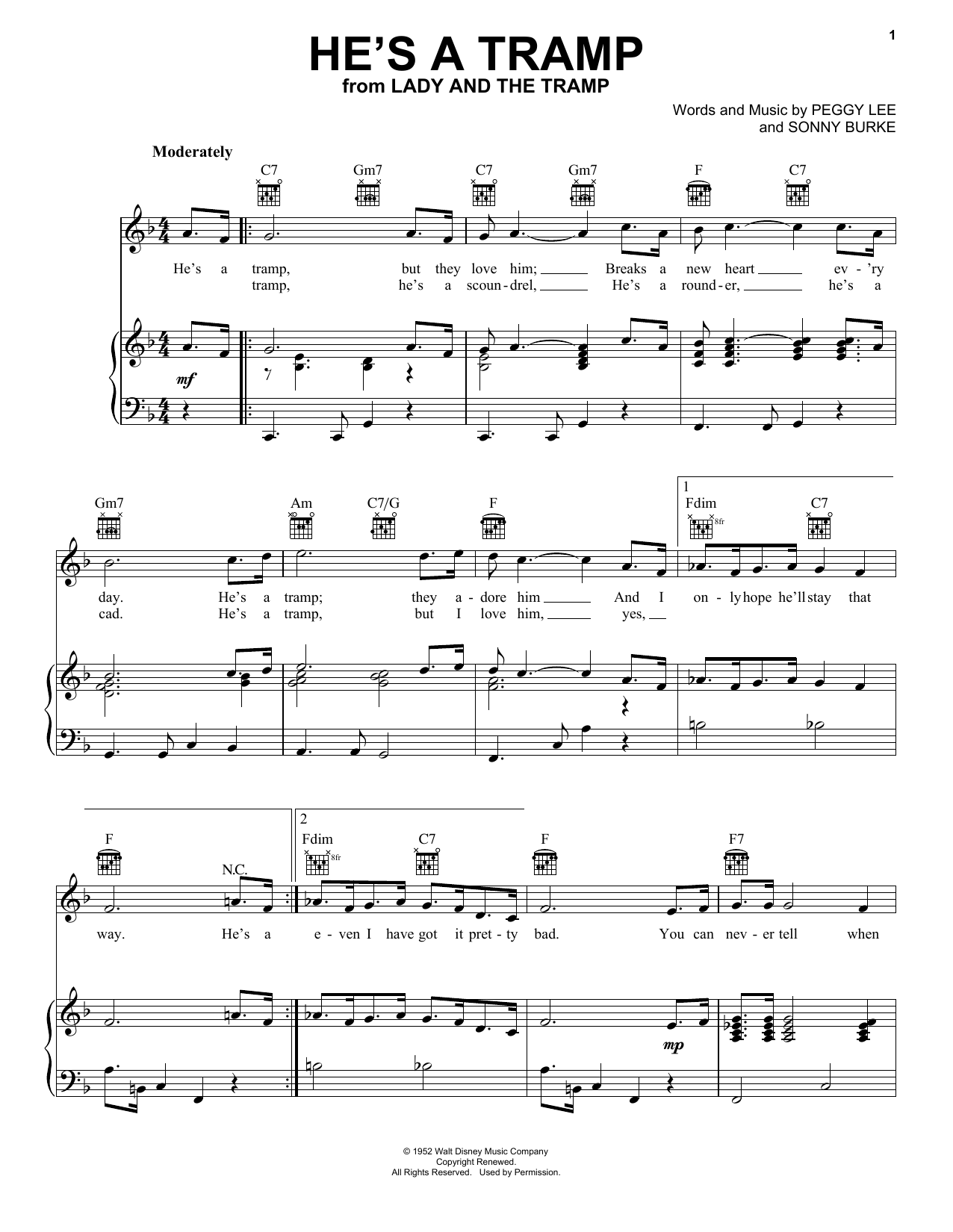 Download Peggy Lee He's A Tramp Sheet Music and learn how to play Real Book – Melody & Chords PDF digital score in minutes