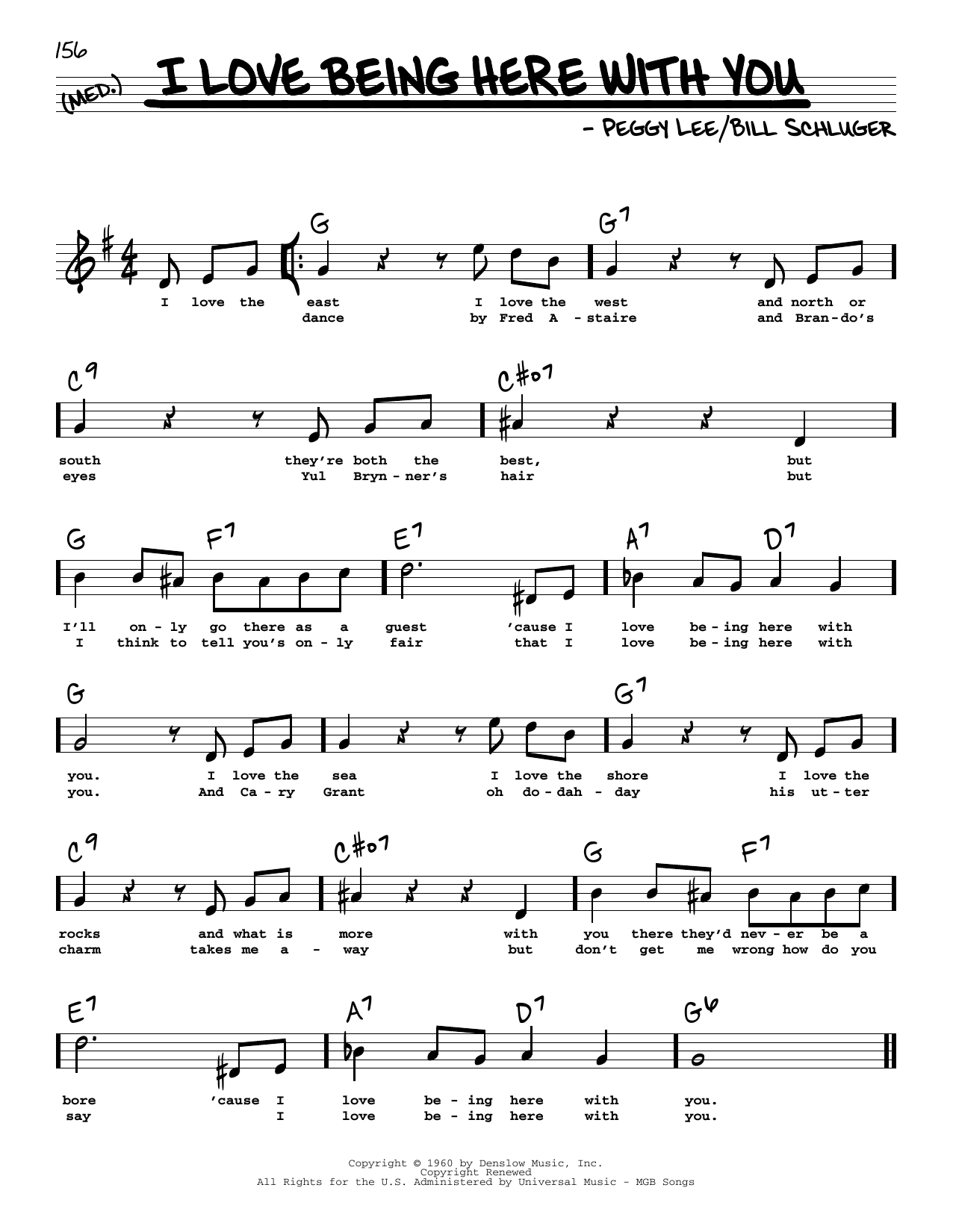 Download Peggy Lee I Love Being Here With You (High Voice) Sheet Music and learn how to play Real Book – Melody, Lyrics & Chords PDF digital score in minutes