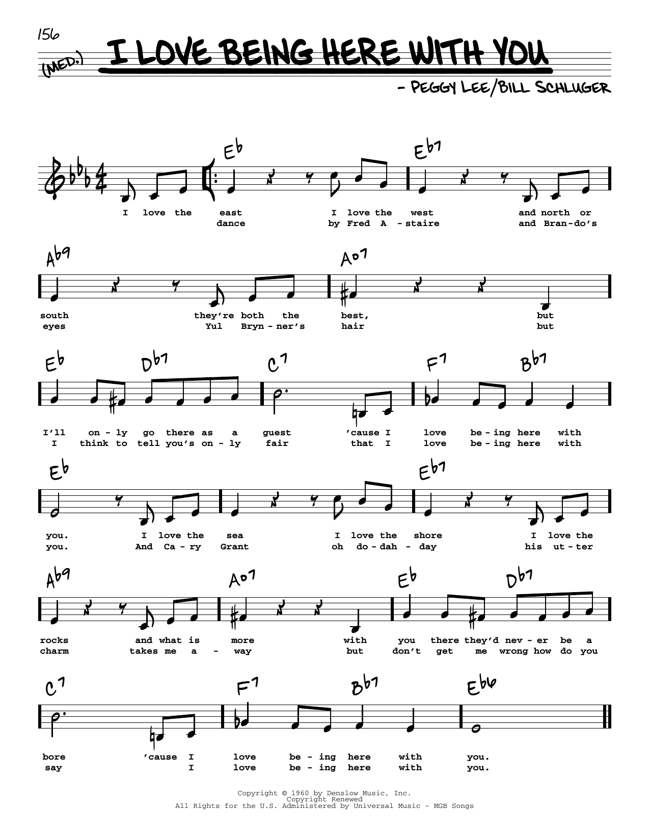 Download Peggy Lee I Love Being Here With You (Low Voice) Sheet Music and learn how to play Real Book – Melody, Lyrics & Chords PDF digital score in minutes