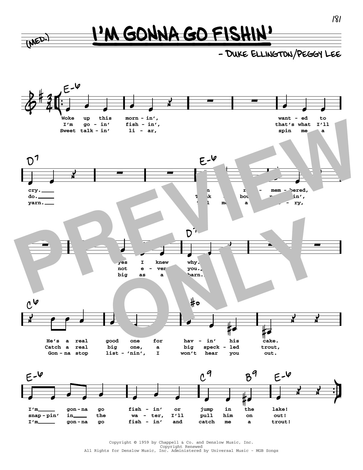 Download Peggy Lee I'm Gonna Go Fishin' (Low Voice) Sheet Music and learn how to play Real Book – Melody, Lyrics & Chords PDF digital score in minutes