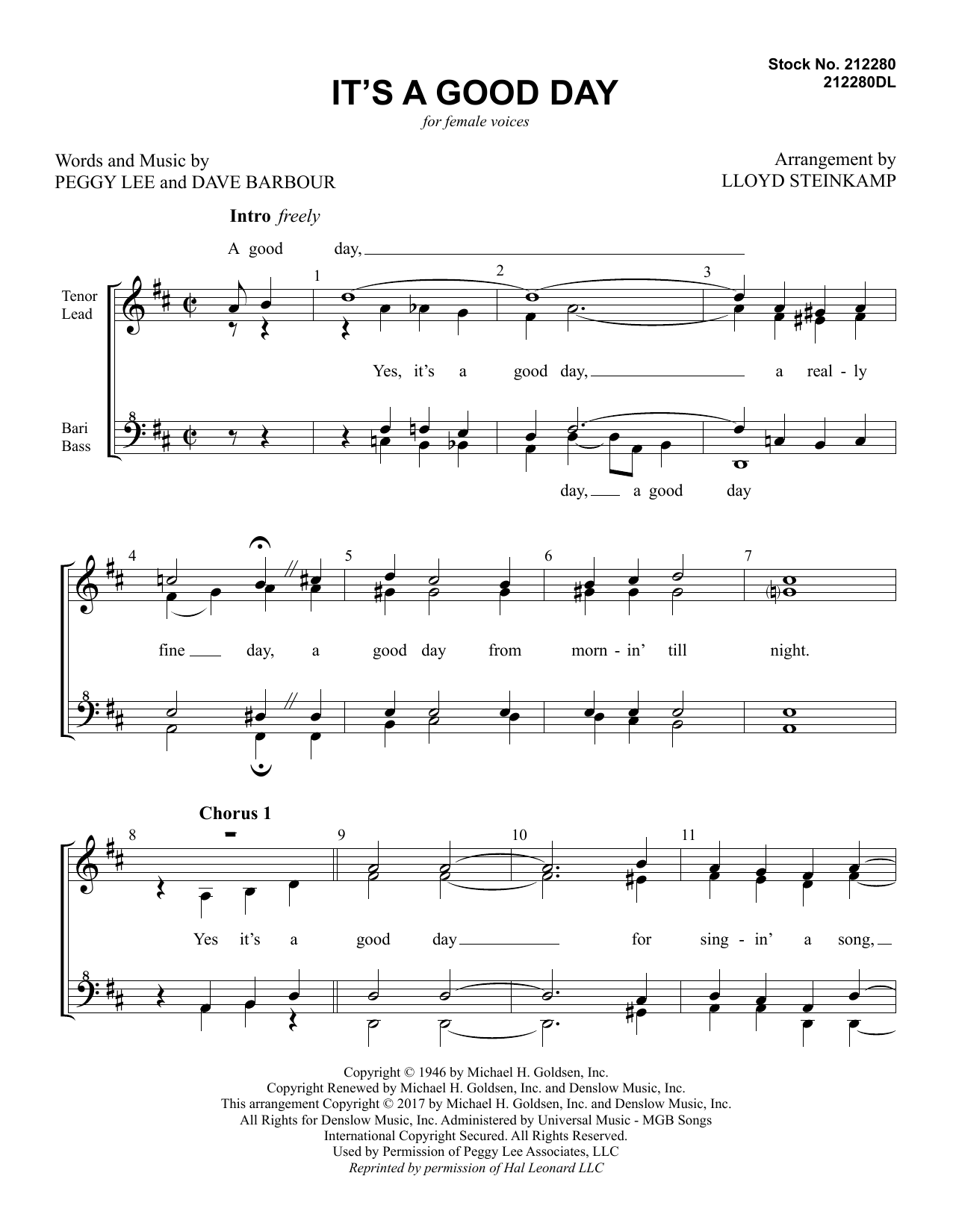 Download Peggy Lee It's a Good Day (arr. Lloyd Steinkamp) Sheet Music and learn how to play SSAA Choir PDF digital score in minutes