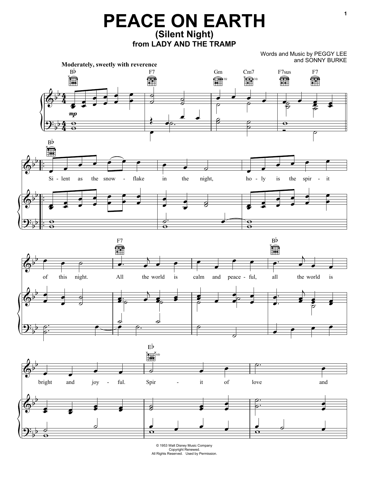 Download Peggy Lee Peace On Earth (Silent Night) (from Lady And The Tramp) Sheet Music and learn how to play Piano, Vocal & Guitar Chords (Right-Hand Melody) PDF digital score in minutes