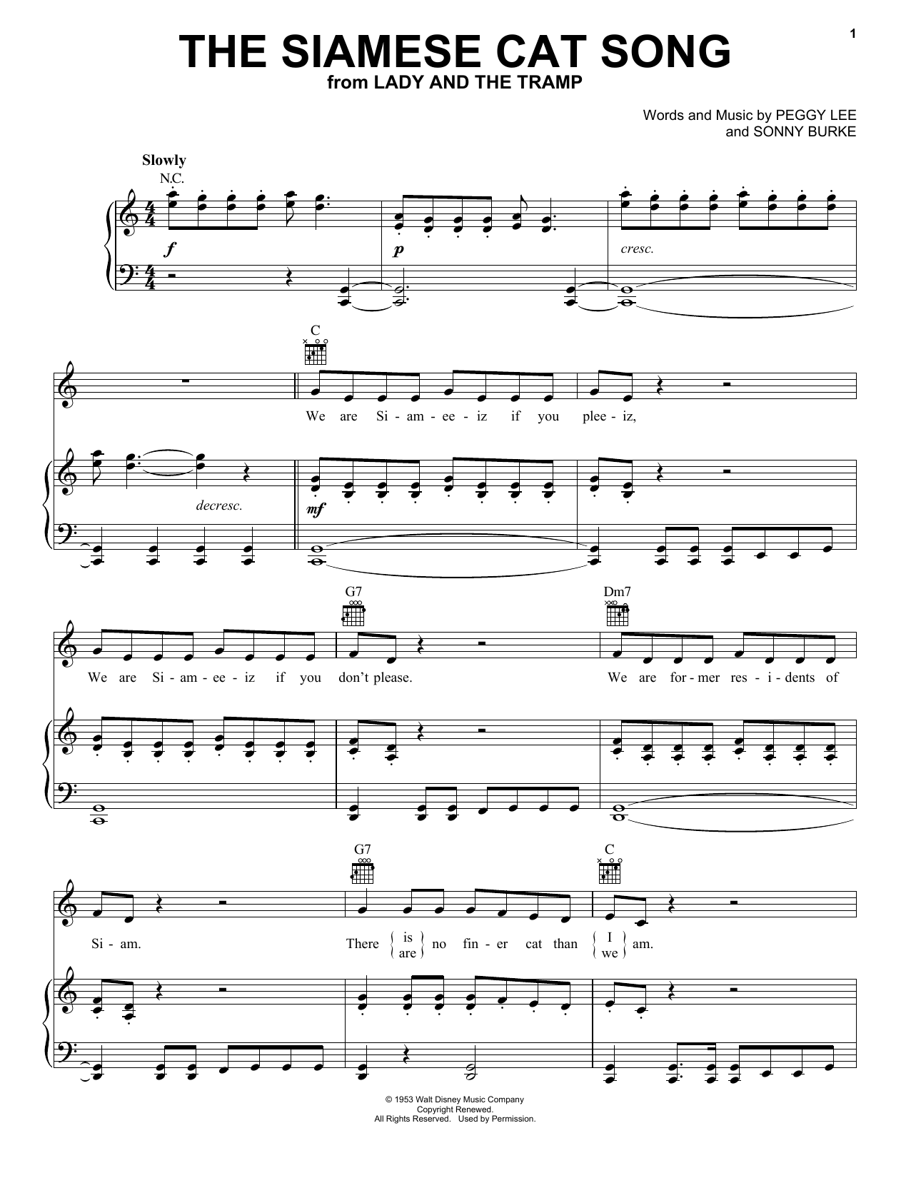 Download Peggy Lee The Siamese Cat Song Sheet Music and learn how to play Cello PDF digital score in minutes