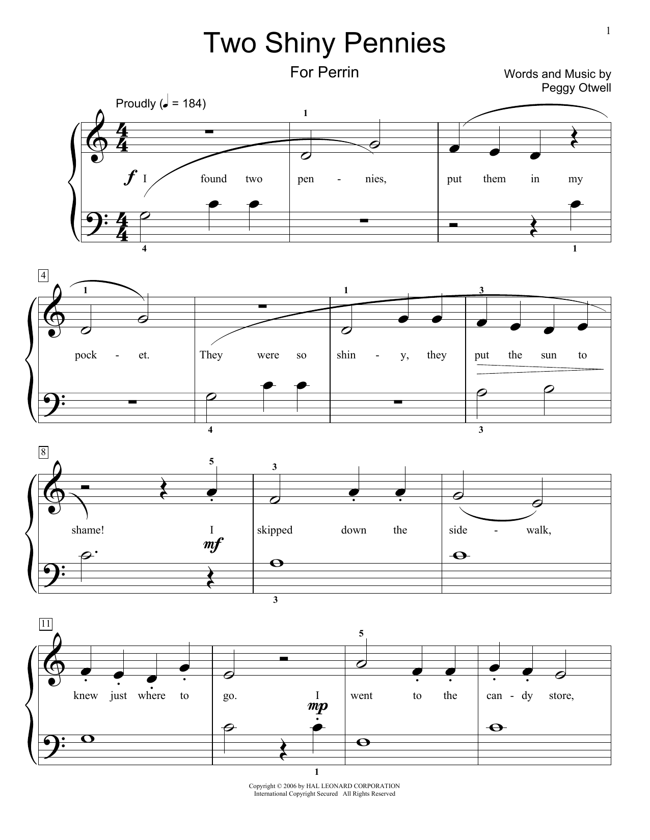 Download Peggy Otwell Two Shiny Pennies Sheet Music and learn how to play Educational Piano PDF digital score in minutes