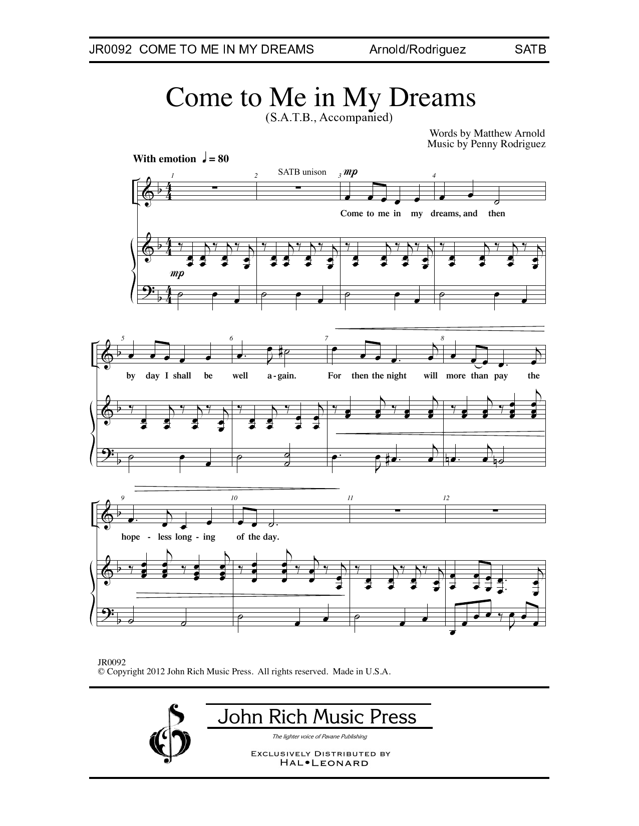 Download Penny Rodriguez Come to Me in My Dreams Sheet Music and learn how to play SATB Choir PDF digital score in minutes