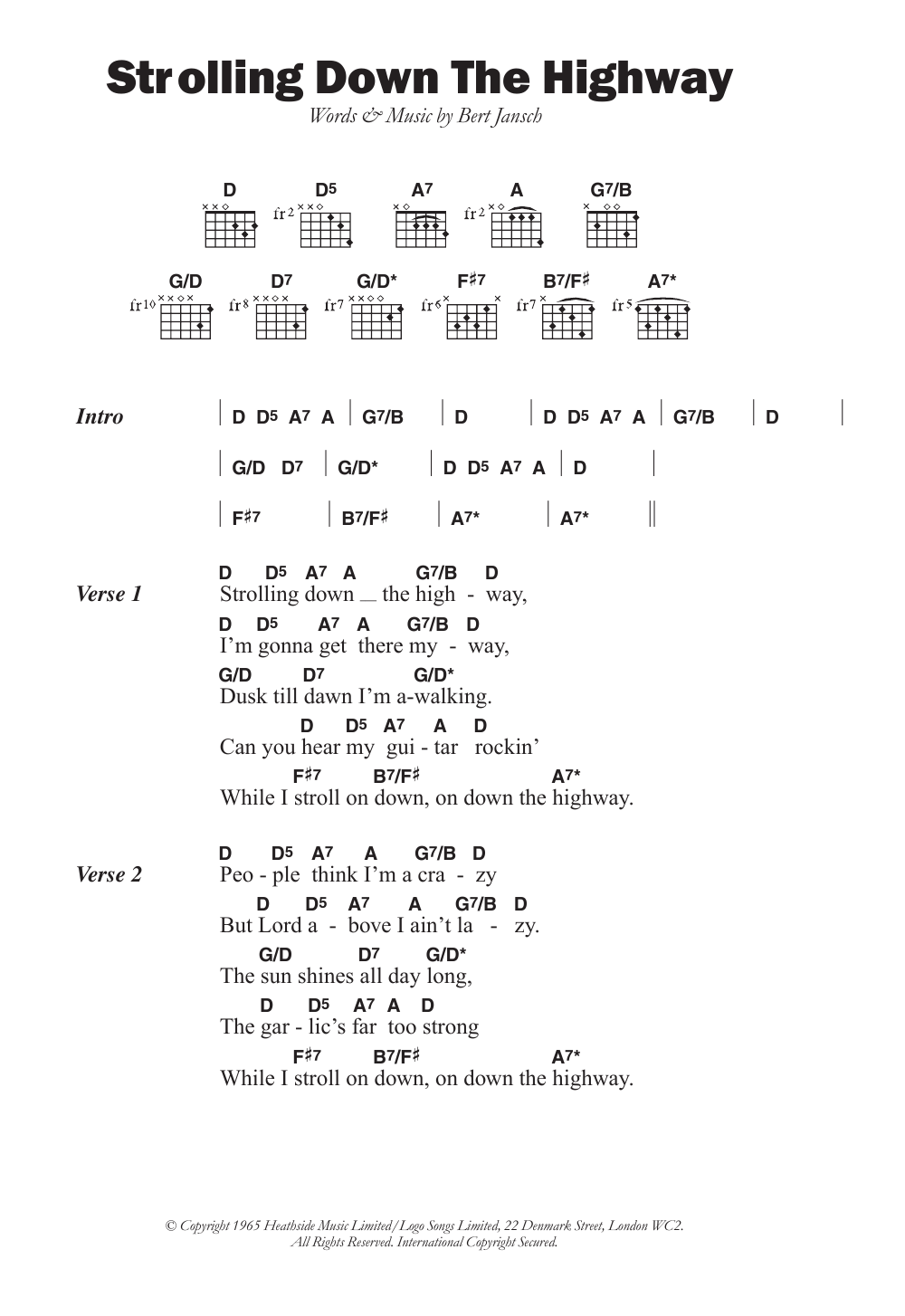Download Pentangle Strolling Down The Highway Sheet Music and learn how to play Lyrics & Chords PDF digital score in minutes