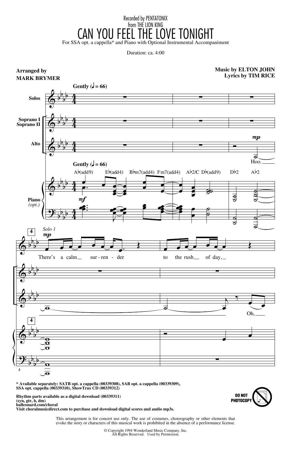 Download Pentatonix Can You Feel The Love Tonight (from The Lion King) (arr. Mark Brymer) Sheet Music and learn how to play SSA Choir PDF digital score in minutes