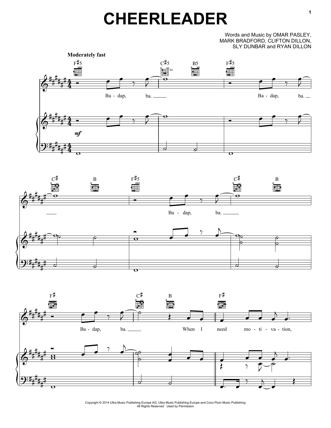 Download Pentatonix Cheerleader Sheet Music and learn how to play Piano, Vocal & Guitar (Right-Hand Melody) PDF digital score in minutes