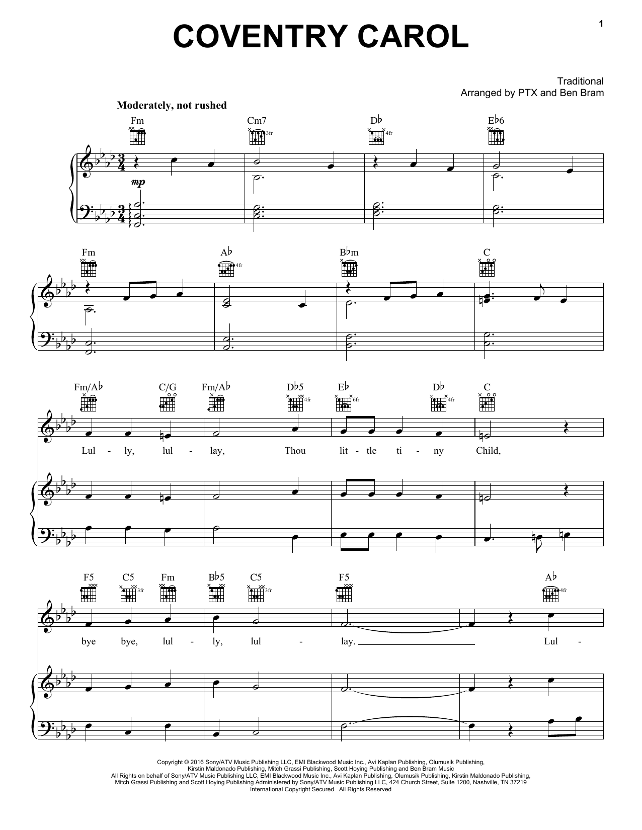 Download Pentatonix Coventry Carol Sheet Music and learn how to play Piano, Vocal & Guitar (Right-Hand Melody) PDF digital score in minutes