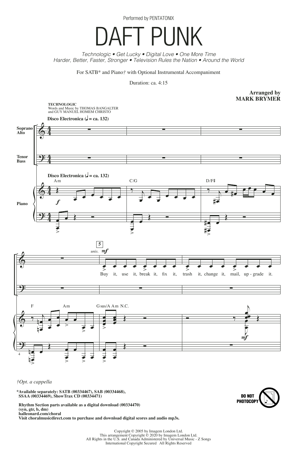 Download Pentatonix Daft Punk (Choral Medley) (arr. Mark Brymer) Sheet Music and learn how to play SATB Choir PDF digital score in minutes