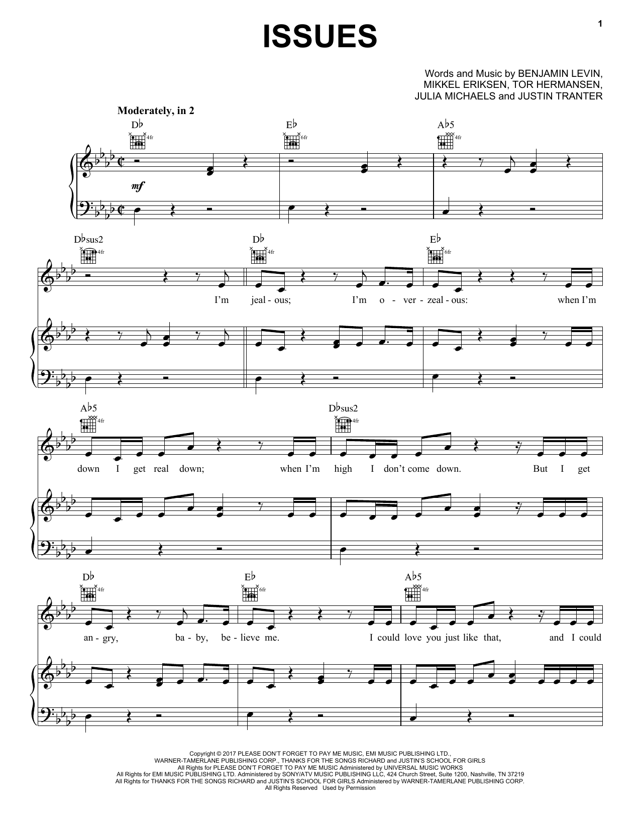 Download Pentatonix Issues Sheet Music and learn how to play Piano, Vocal & Guitar (Right-Hand Melody) PDF digital score in minutes