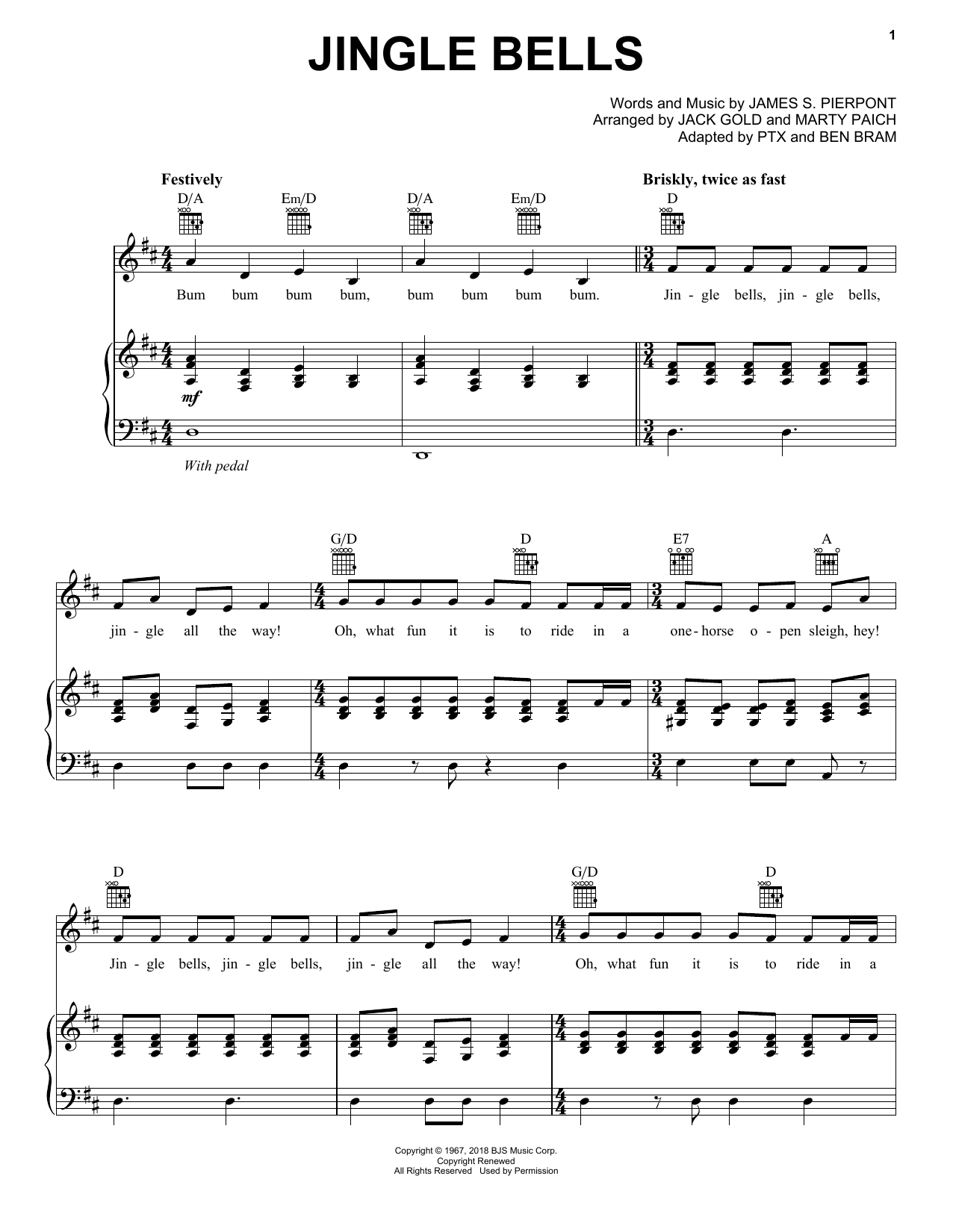 Download Pentatonix Jingle Bells Sheet Music and learn how to play Piano, Vocal & Guitar Chords (Right-Hand Melody) PDF digital score in minutes