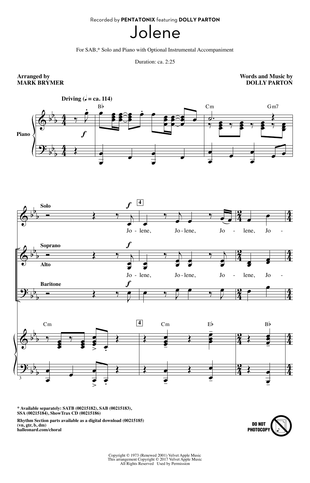Download Pentatonix Jolene (feat. Dolly Parton) (arr. Mark Brymer) Sheet Music and learn how to play SSA PDF digital score in minutes