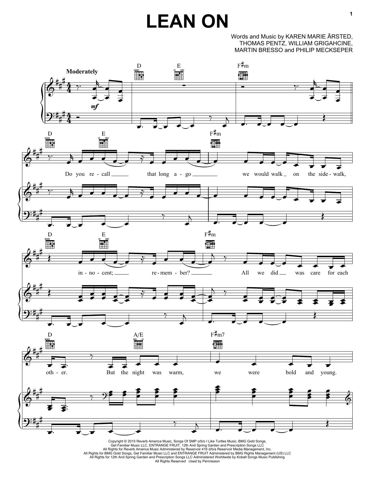 Download Pentatonix Lean On Sheet Music and learn how to play Piano, Vocal & Guitar (Right-Hand Melody) PDF digital score in minutes