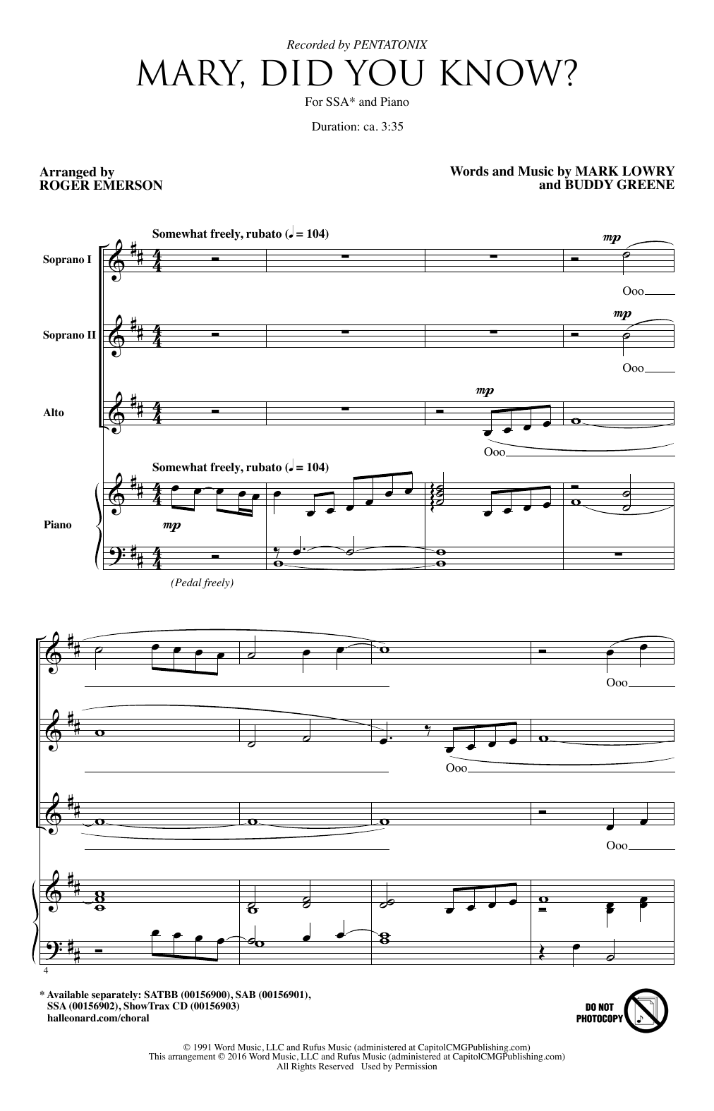 Download Roger Emerson Mary, Did You Know? Sheet Music and learn how to play SSA PDF digital score in minutes