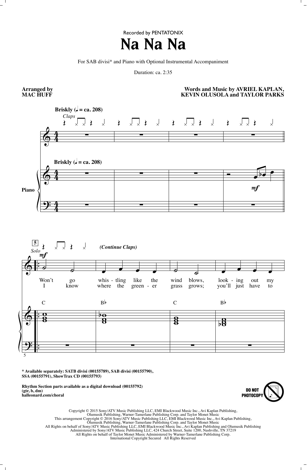 Download Mac Huff Na Na Na Sheet Music and learn how to play Choral PDF digital score in minutes