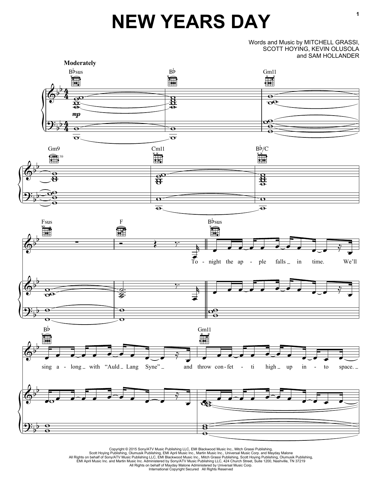 Download Pentatonix New Years Day Sheet Music and learn how to play Piano, Vocal & Guitar (Right-Hand Melody) PDF digital score in minutes