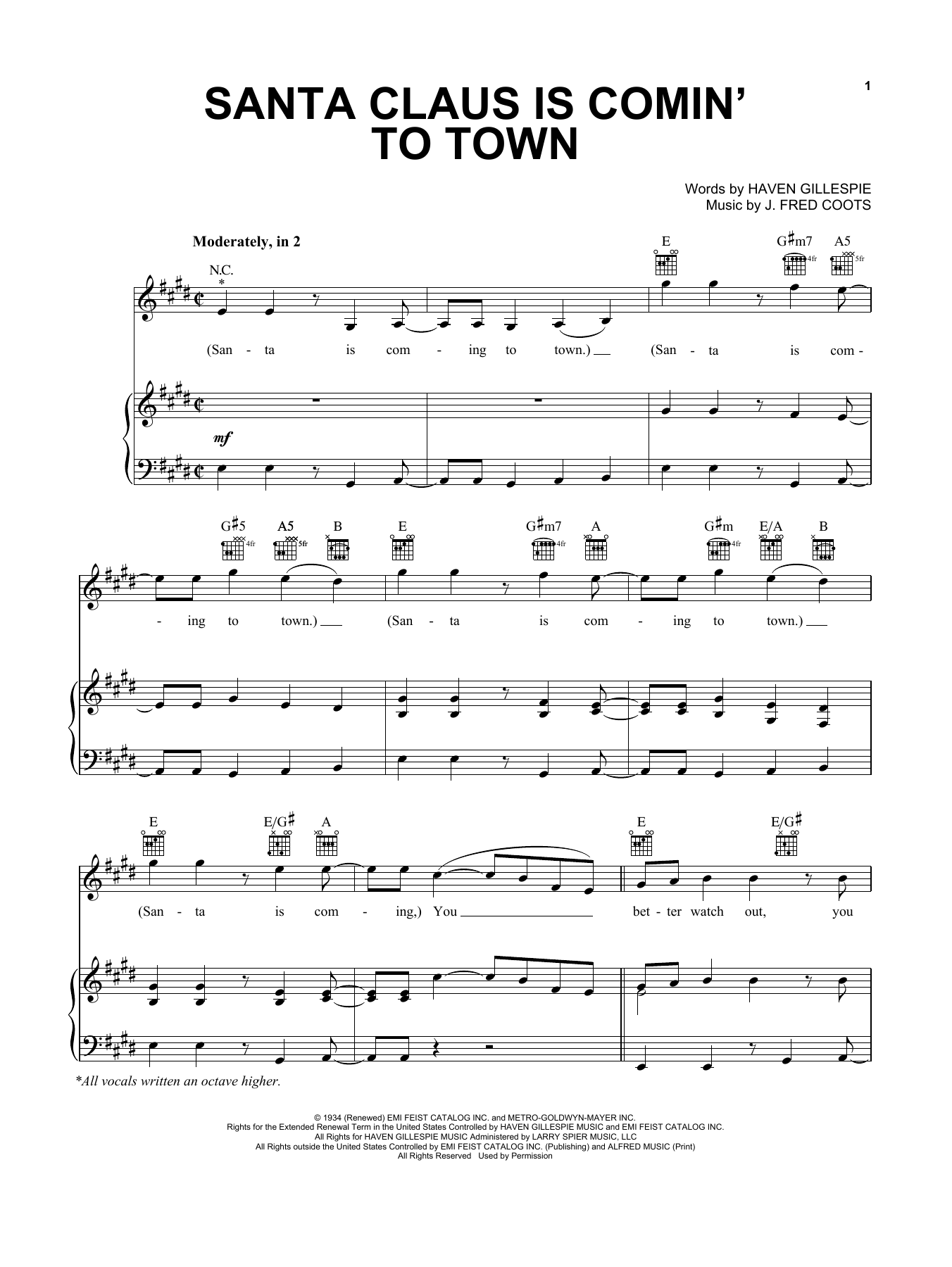 Download Pentatonix Santa Claus Is Comin' To Town Sheet Music and learn how to play Piano, Vocal & Guitar (Right-Hand Melody) PDF digital score in minutes