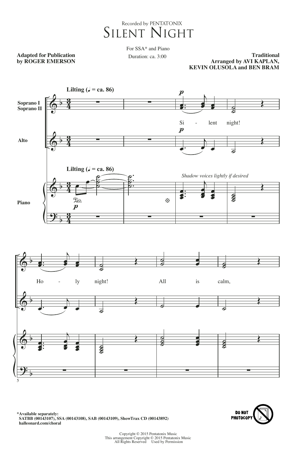 Download Pentatonix Silent Night (arr. Roger Emerson) Sheet Music and learn how to play Choral SATBB PDF digital score in minutes