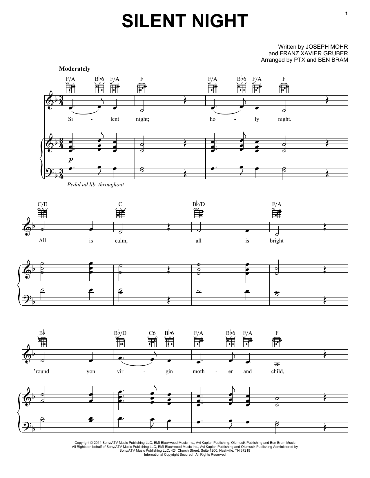 Download Pentatonix Silent Night Sheet Music and learn how to play Piano, Vocal & Guitar (Right-Hand Melody) PDF digital score in minutes