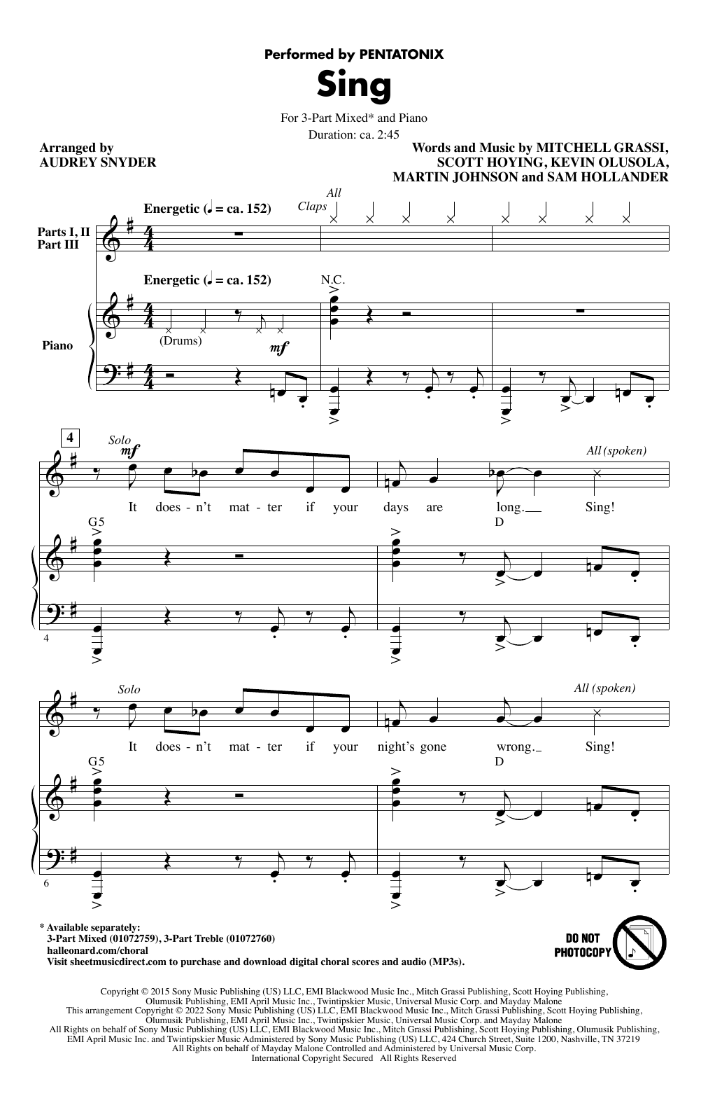 Download Pentatonix Sing (arr. Audrey Snyder) Sheet Music and learn how to play 3-Part Mixed Choir PDF digital score in minutes