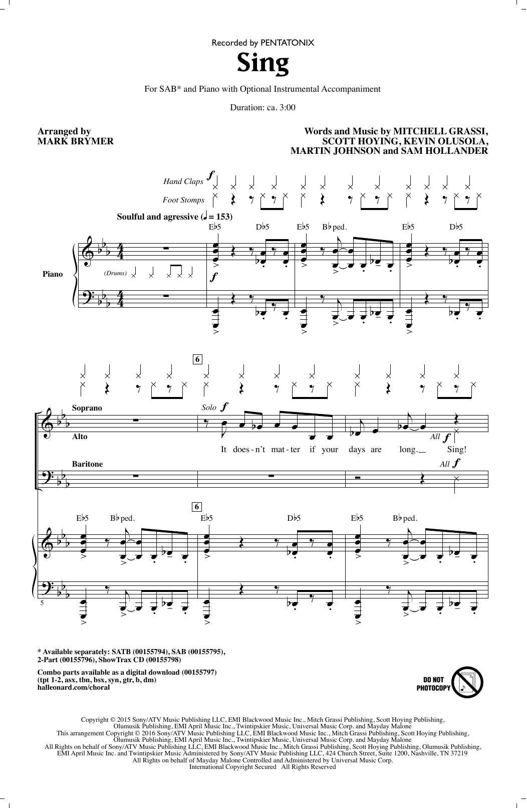 Download Mark Brymer Sing Sheet Music and learn how to play SAB PDF digital score in minutes