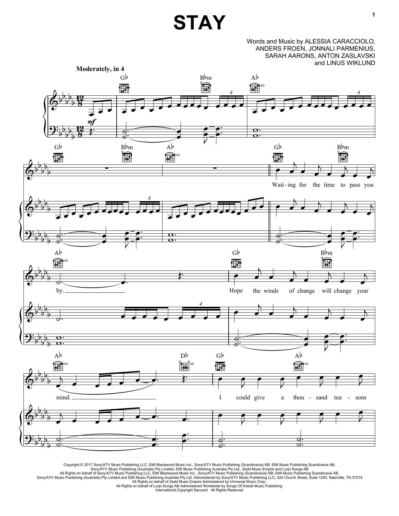 Download Pentatonix Stay Sheet Music and learn how to play Piano, Vocal & Guitar (Right-Hand Melody) PDF digital score in minutes