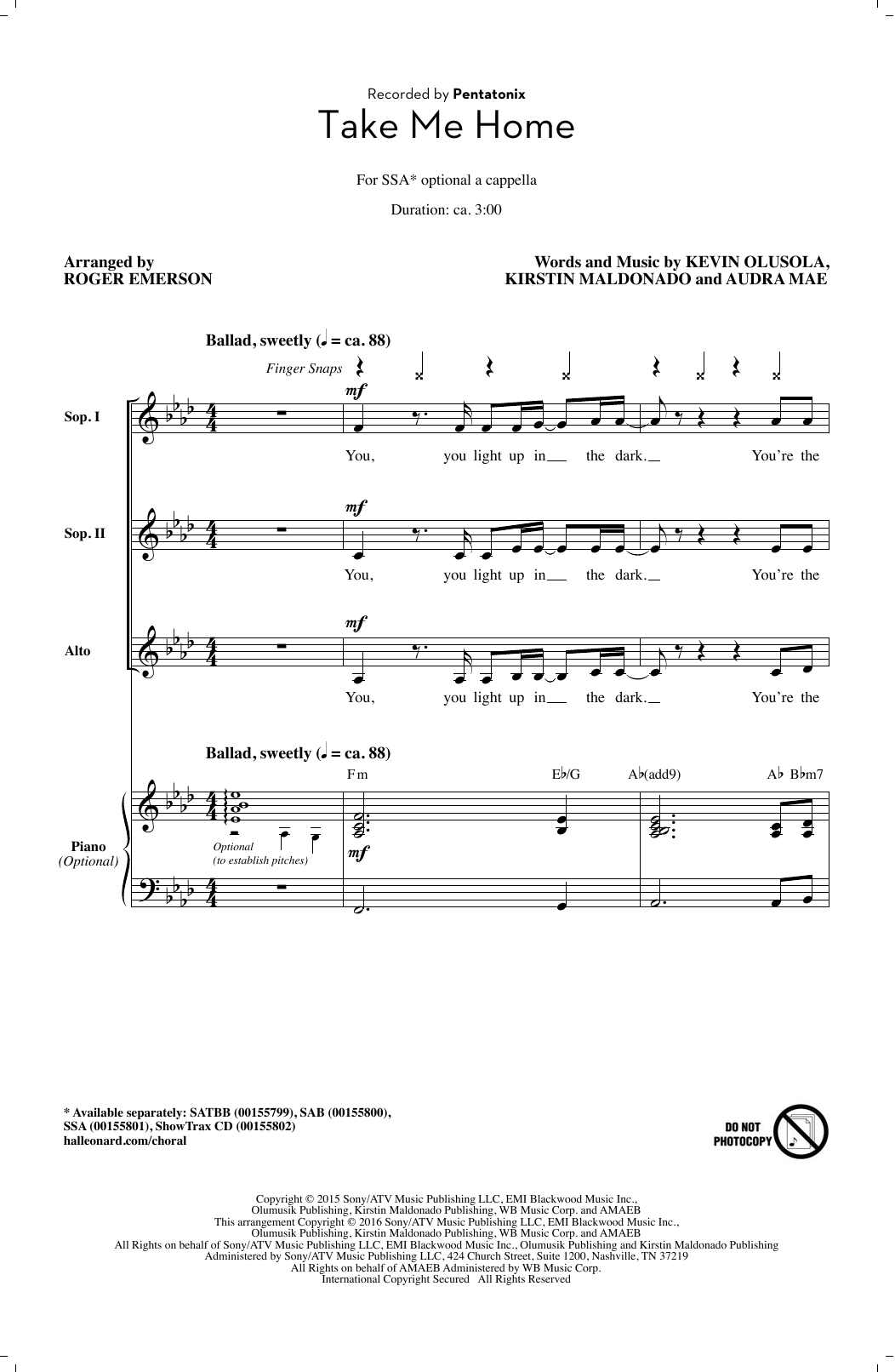 Download Roger Emerson Take Me Home Sheet Music and learn how to play SSA PDF digital score in minutes
