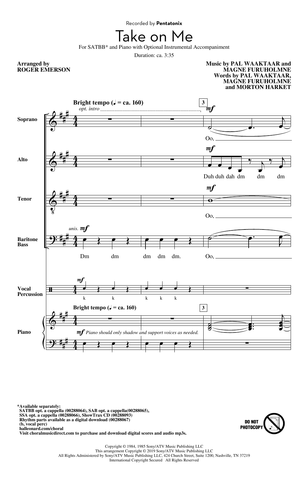 Download Pentatonix Take On Me (arr. Roger Emerson) Sheet Music and learn how to play SSA Choir PDF digital score in minutes