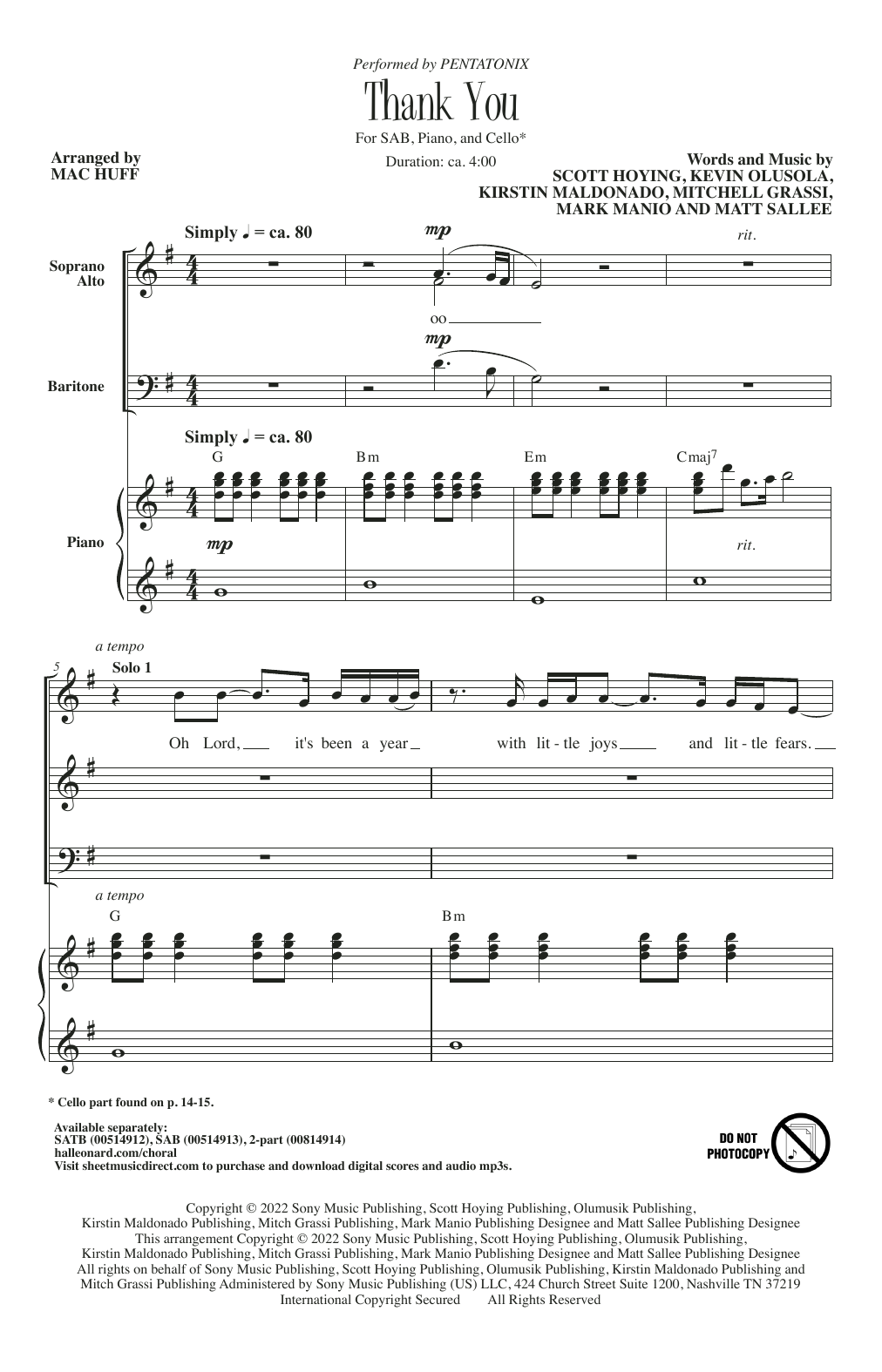 Download Pentatonix Thank You (arr. Mac Huff) Sheet Music and learn how to play 2-Part Choir PDF digital score in minutes