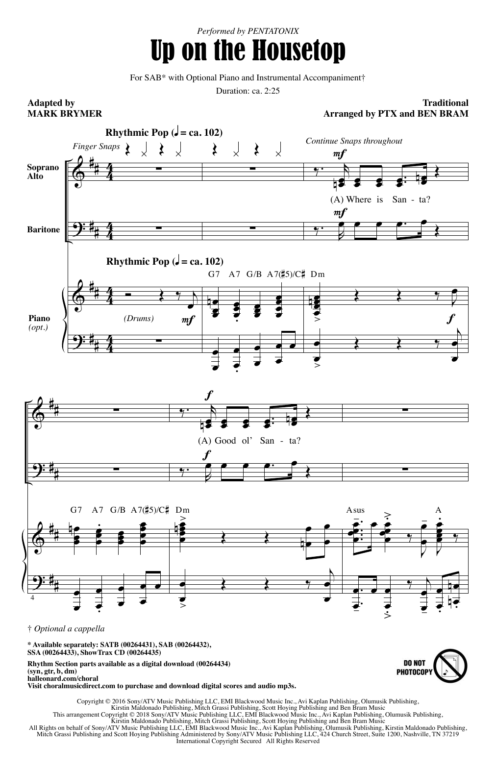 Download Pentatonix Up On The Housetop (adapt. Mark Brymer) Sheet Music and learn how to play SSA Choir PDF digital score in minutes