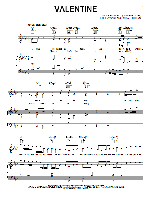 Download Pentatonix Valentine Sheet Music and learn how to play Piano, Vocal & Guitar (Right-Hand Melody) PDF digital score in minutes