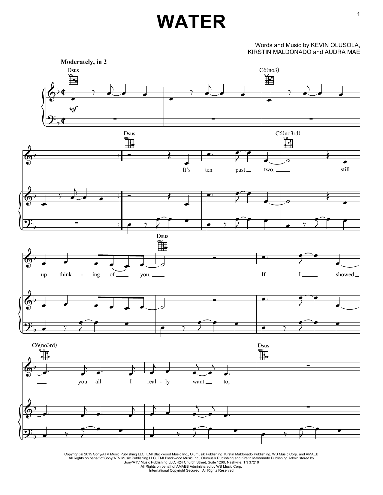 Download Pentatonix Water Sheet Music and learn how to play Piano, Vocal & Guitar (Right-Hand Melody) PDF digital score in minutes